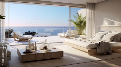 Contemporary Coastal Oasis  Modern coastal design with clean lines  neutral tones  and panoramic ocean views through large windows
