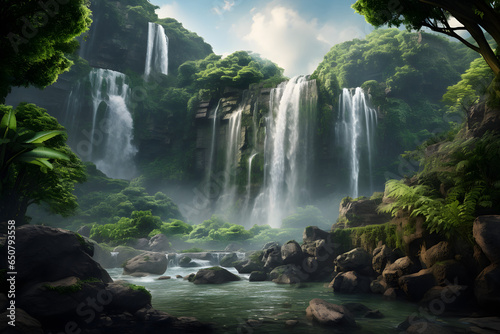 A powerful waterfall cascading through lush greenery.