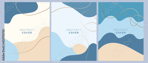Digital Abstract Shapes Cover Template. Hand Drawn Vector. Blue Colors Background. 