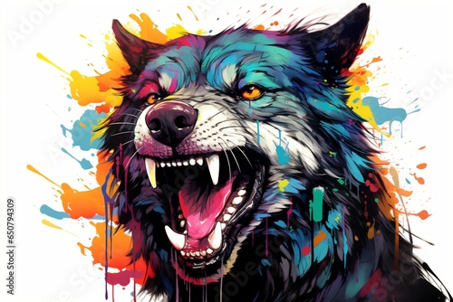 Watercolor painting illustration of an angry dog or wolf for t-shirt design or merchandise design photo