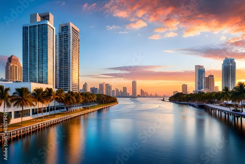 city skyline at sunset