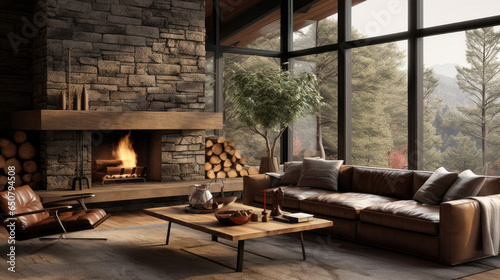 Earthy Retreat: Earth-toned colors, a leather sofa, and a stone fireplace create a warm and inviting space. Large windows bring in views of nature © Textures & Patterns