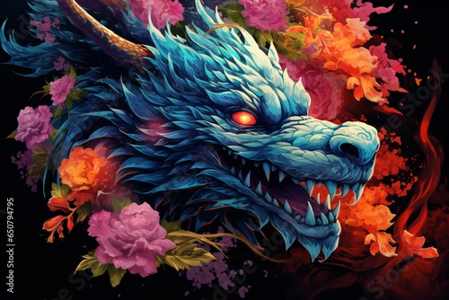 Colorful dragon tattoo design on black background