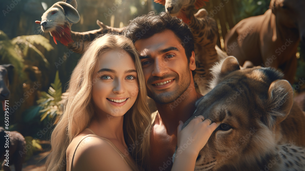 idol couple selfie surrounded by animals - obrazy, fototapety, plakaty 