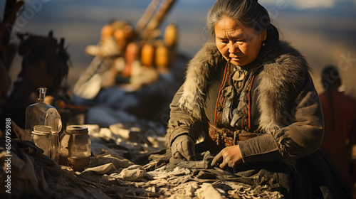 Compelling Inuit seamstress displays frustration, showcasing vexed expression and clenched fist amidst sewing fur. A poignant portrayal of intricate craftsmanship.