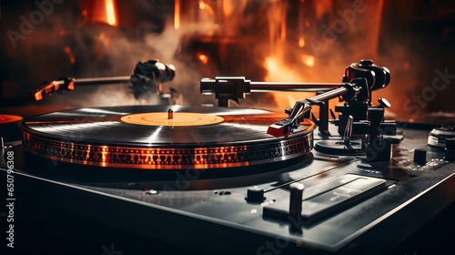 A DJ's turntables in action with vinyl records spinning