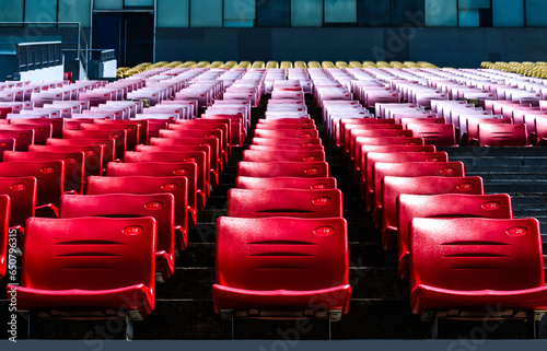 Empty red stadium seats in Singapore F1 auditorium