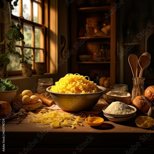 a kitchen with pasta in large wooden bowl, in the style of photo-realistic landscapes, dark yellow, dark yellow and light beige, quadratura, cinestill 50d, 3840x2160, softly organic