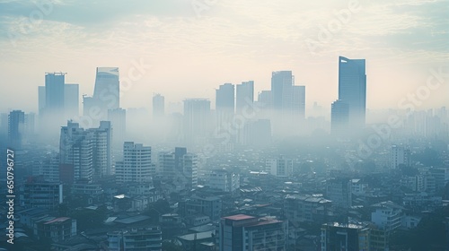 A polluted cityscape with reduced visibility due to smog