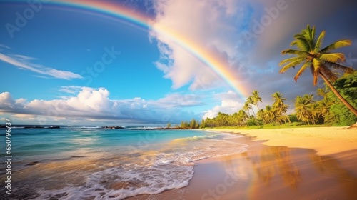 A rainbow painting the sky above a tranquil beach
