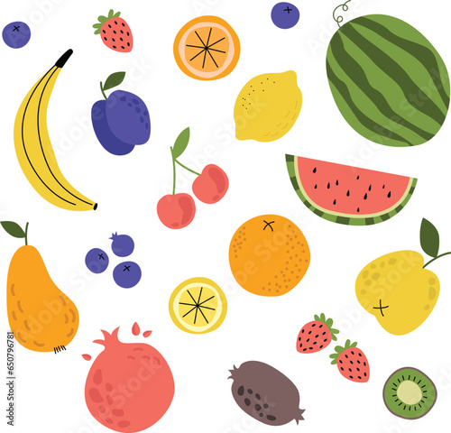 Fototapeta Naklejka Na Ścianę i Meble -  Fruit set vector illustration. Watermelon vector, banana, apple, pear, orange. Vector food fruit illustration for kids