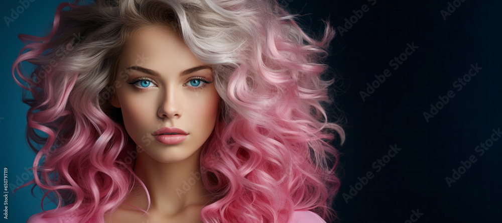 Stunning woman with wavy pink hair and beautiful blue eyes