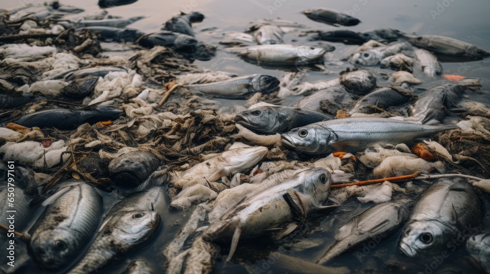 Close-up of fish affected by thermal pollution in a polluted river