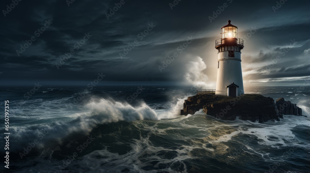 Coastal lighthouse casting its beam over the dark ocean waters