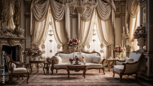 Elegant Victorian Parlor: Richly adorned with Victorian-era furniture, chandeliers, and heavy drapes, creating an opulent and elegant atmosphere photo