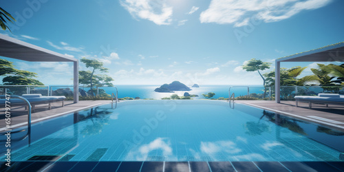 Futuristic landscape of sea ocean with luxury swimming pool with palm tree in hotel pool resort. White cloud blue sky background for leisure travel and vacation. AI Generative © Elena
