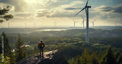 A engineer standing on top of a wind turbine