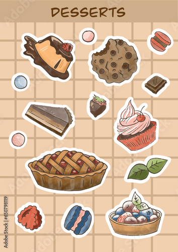Set of delicious desserts and sweets in watercolor style. cupcakes, cakes, cookies. Berry cake. Hand painted watercolor baked goods. Illustration for stickers, design, cookbook