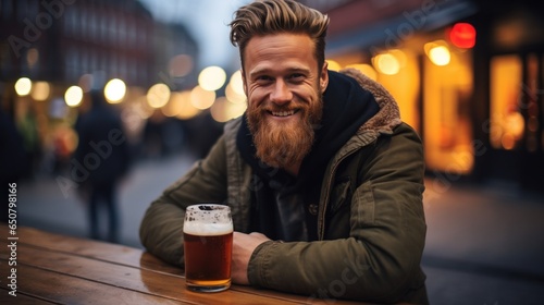 Brutal scandinavian man with glass of beer, bokeh blurred pub background