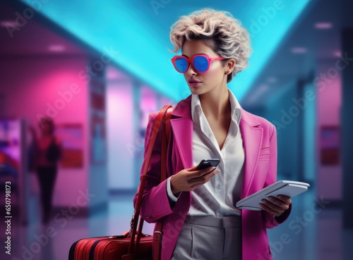 Middle aged business woman holding a check in bag and a smart phone walking