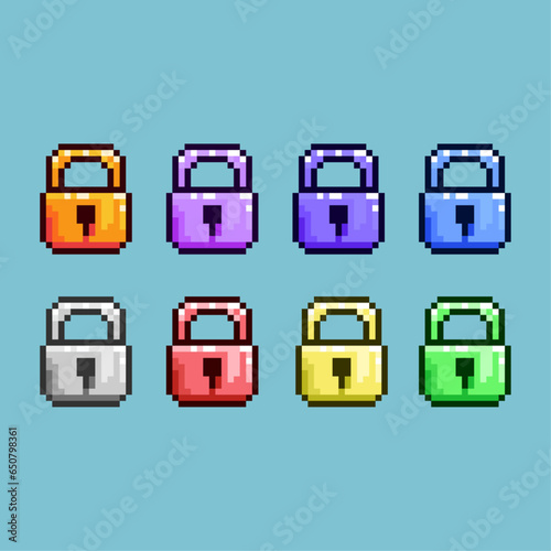 Pixel art sets of padlock items loot with variation color item asset simple bits of padlock on pixelated style 8bits perfect for game asset or design asset element for your game design asset