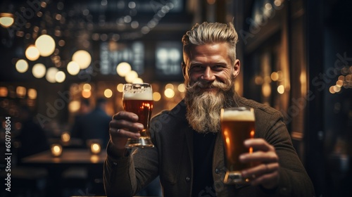 Brutal scandinavian man with glass of beer, bokeh blurred pub background