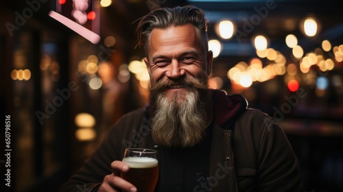 Brutal scandinavian man with glass of beer, bokeh blurred pub background