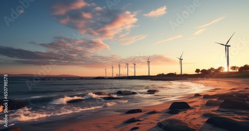 A wind farm on a seashore at sunset