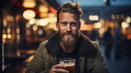 Brutal scandinavian man with glass of beer, bokeh blurred pub background