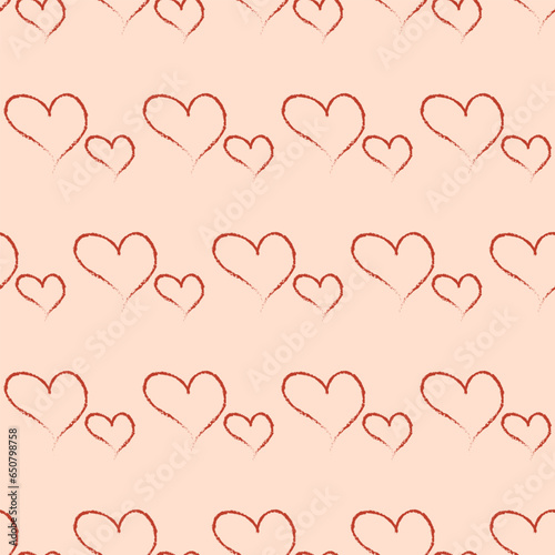 Seamless geometric pattern with red hearts by hand drawing on pink background. Valentine's day's patter. Vector print for fabric background	
