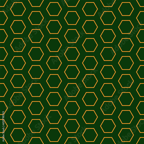Seamless geometric pattern with golden symbols on dark green background. Vector print for fabric background	