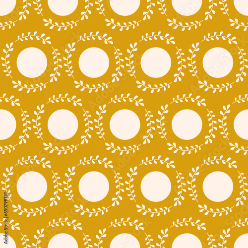 Seamless vintage geometric pattern. White leaves around circle. Vector texture. fashionable print for textiles, wallpaper and packaging.
