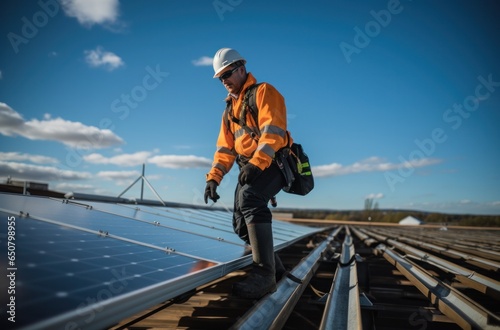 Technician installing solar panels on rooftop roof