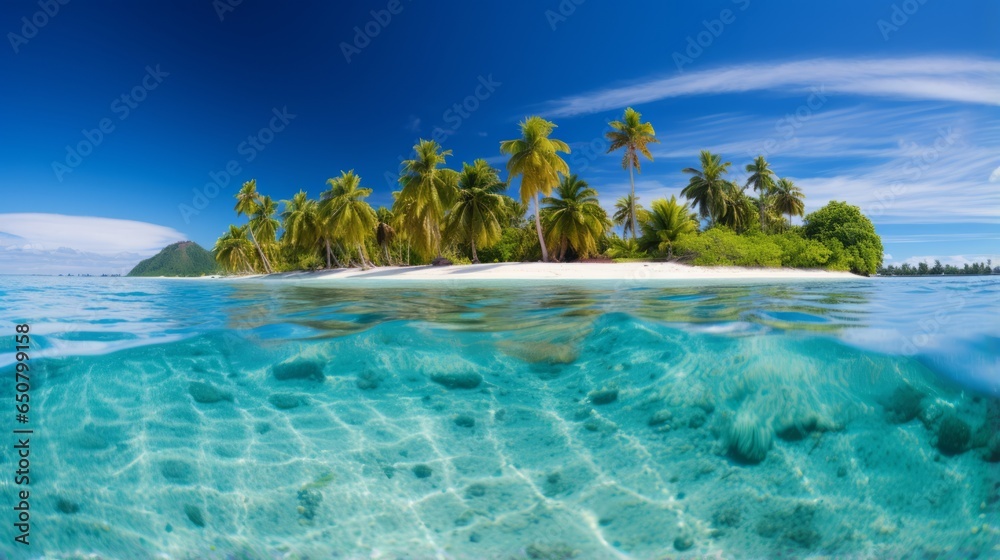 Naklejka premium Tropical island paradise surrounded by crystal clear ocean