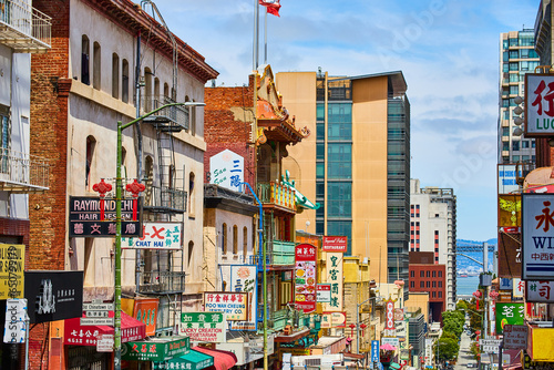 Canvas Print Chinatown street view of shop signs leading down street toward San Francisco Bay