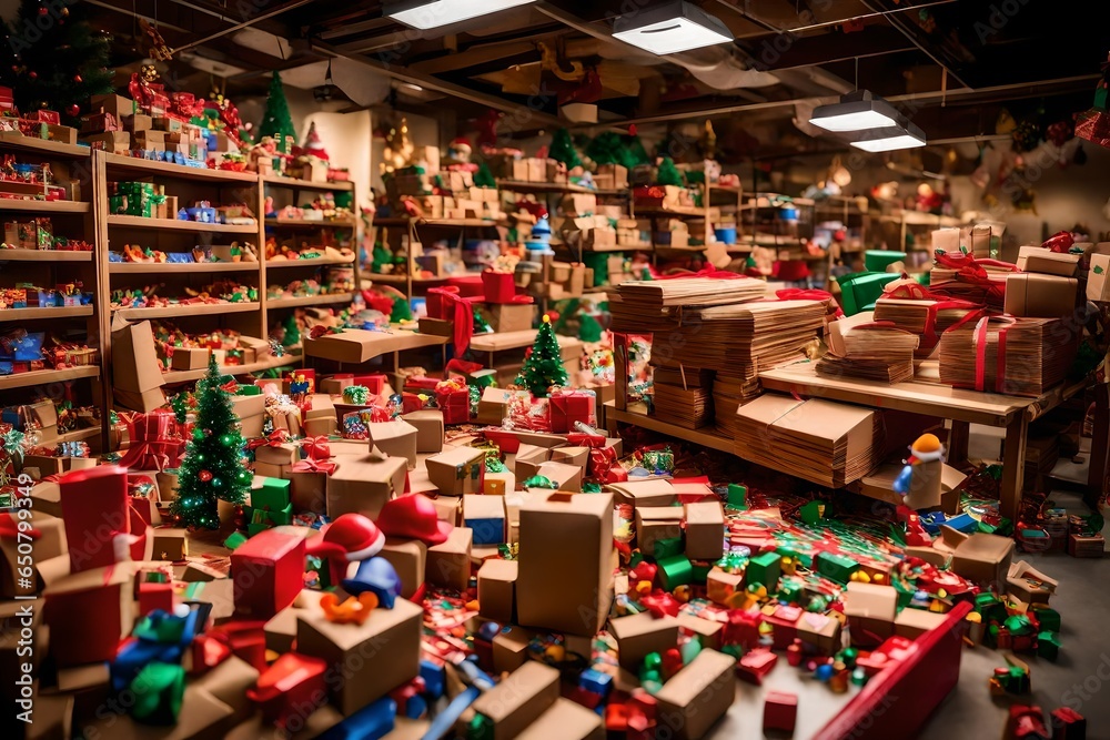 Santa's workshop with a conveyor belt of toys moving along, ready to be wrapped and delivered.