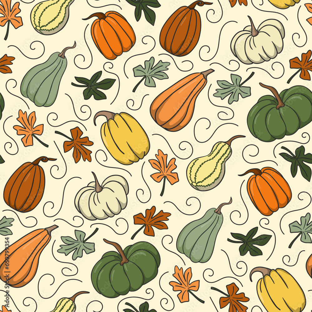 Cosy autumn pumpkins pattern on white background. Green, white, orange and brown cartoon pumpkins. Cute design for wrappin, decoration, home decor, kids textile