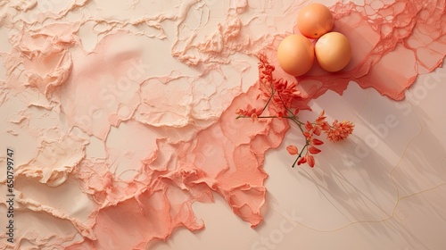 Peach marble fabric juxtaposed against coral lace, capturing a tropical essence.