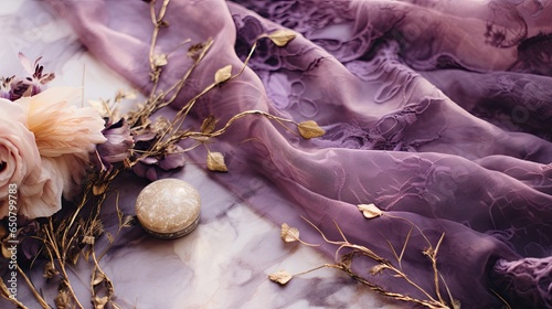 Royal purple marble fabric nestled against delicate lavender lace. Glamorous jewellery or fashion design.