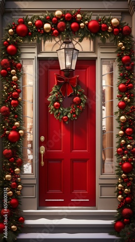 A festive red door adorned with Christmas wreaths and ornaments