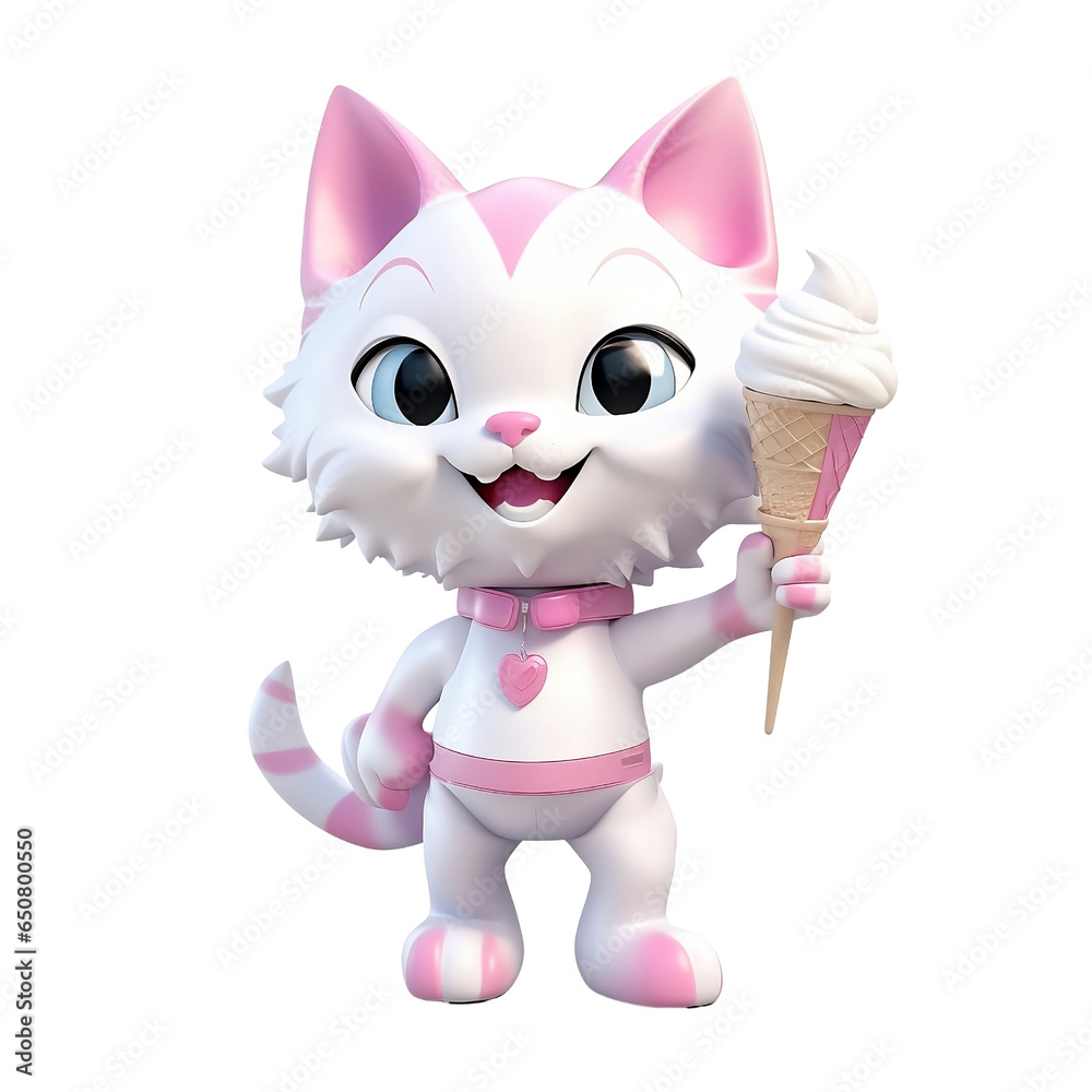 A 3D rendering of an adorable cartoon cat wearing a pink jacket, holding a large swirl of pink ice cream in a cone, with a happy expression.

