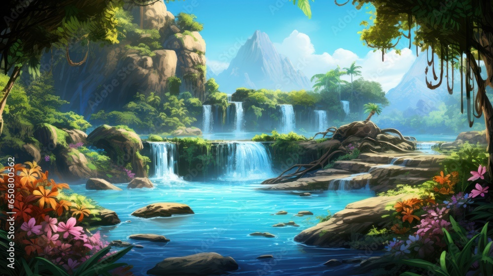 Tropical oasis surrounded by lush vegetation, vibrant flowers, and a magnificent cascading waterfall Tropical oasis surrounded by lush vegetation, vibrant flowers, and a magnificent cascading waterfall