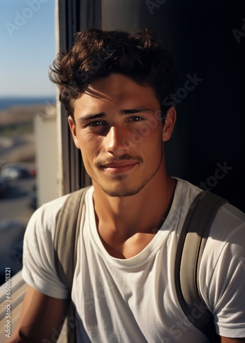 Tunisian young man standing in shade on balcony