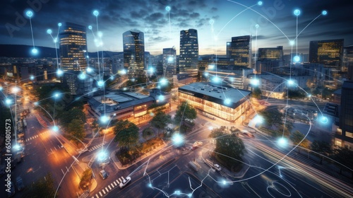 Visualize a smart city interconnected Internet of Things( IoT) devices, such as autonomous vehicles, smart streetlights, and energy