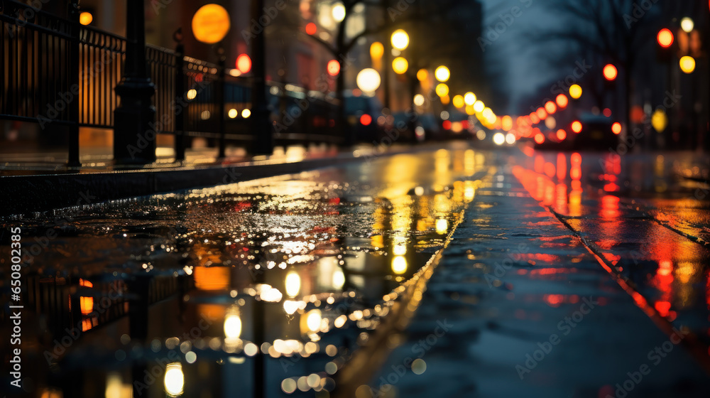 A row of streetlights reflecting on a rain-soaked city street at night. - obrazy, fototapety, plakaty 