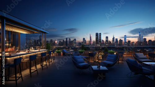 Rooftop hotel bar with breathtaking panoramic views of the city skyline.