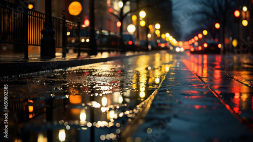 A row of streetlights reflecting on a rain-soaked city street at night.