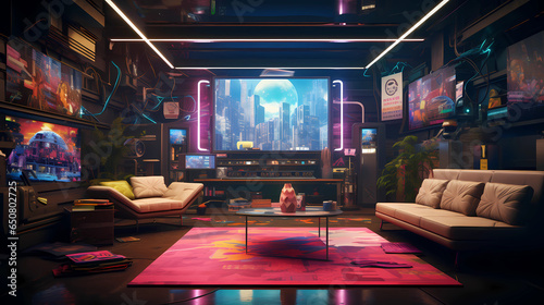 Gaming room, retro neon room full of neon in futuristic style, colorful lights, gamer room, gaming