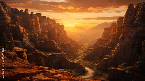 The rising sun illuminates the rugged canyon formation. © maniacvector