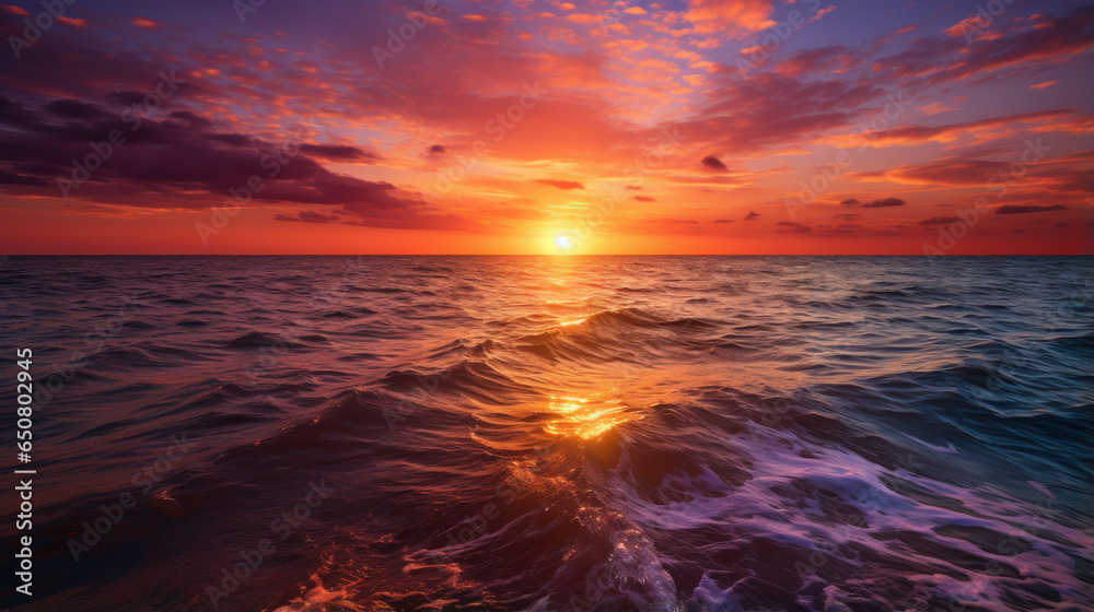 The horizon burns with a fiery orange and deep magenta, as the sun dips below the ocean.